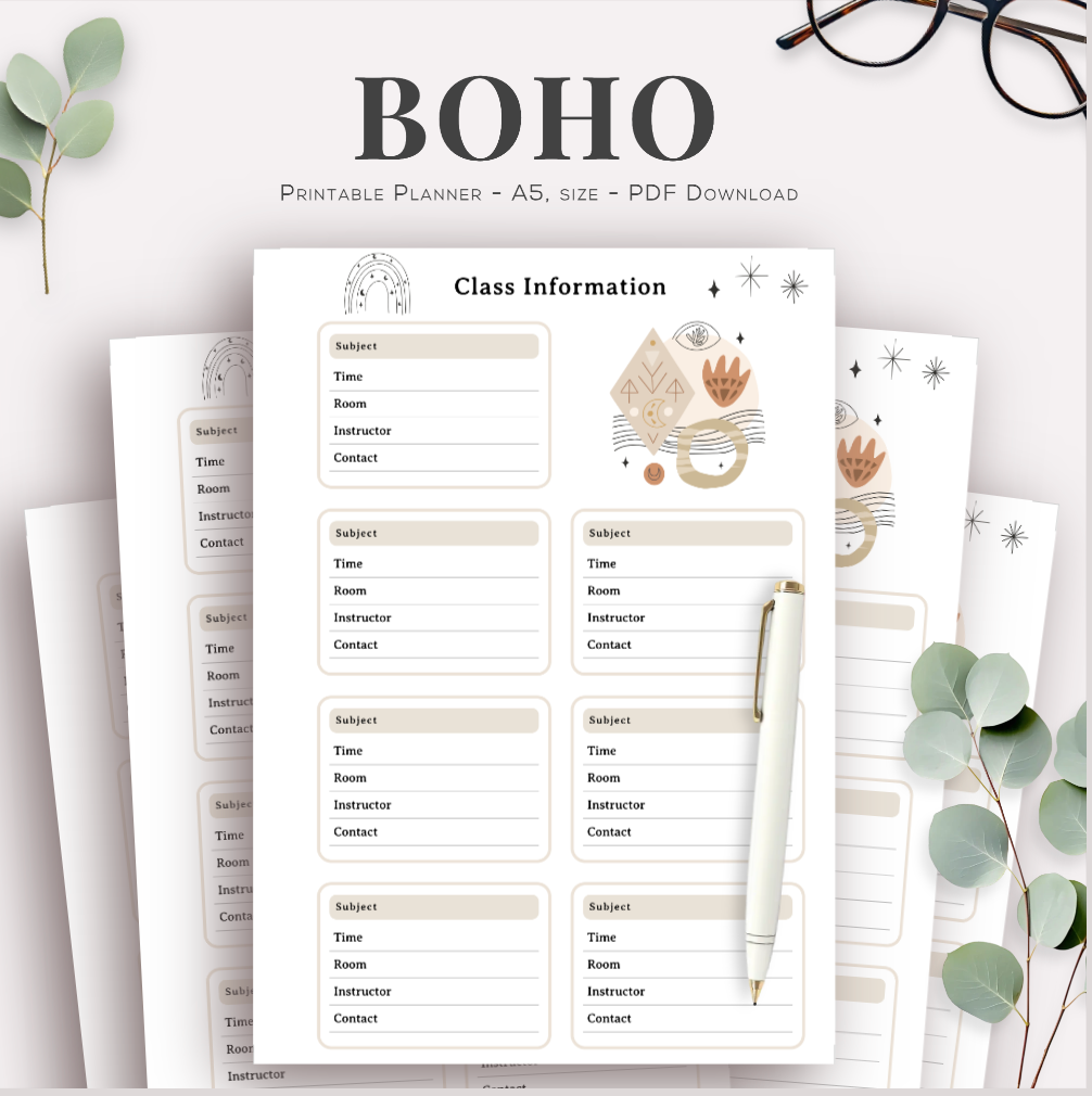 BOHO PRINTABLE PLANNER CLASS INFORMATION