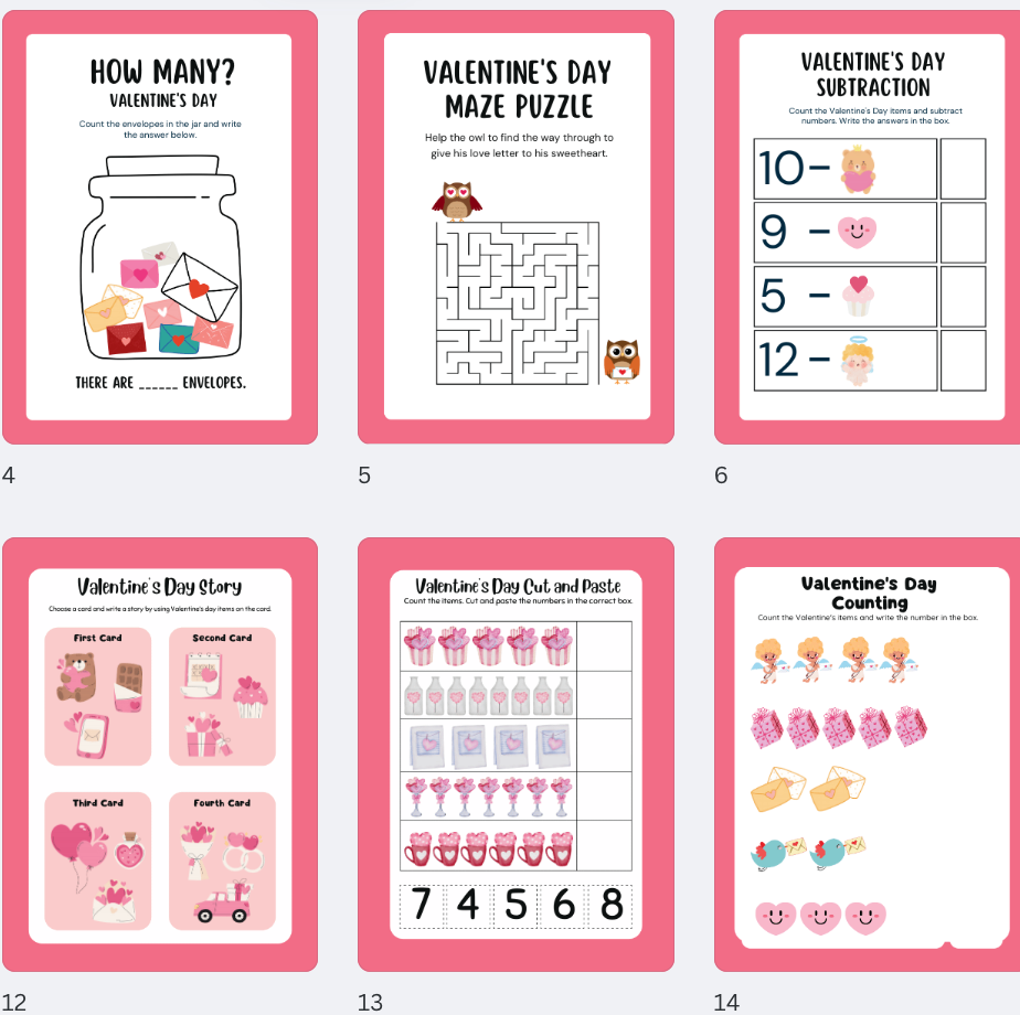 Valentine Activity Pages, Valentine’s Day Activity Pages, Children’s Activity Pages, Valentine Party Activity, Valentines Printable