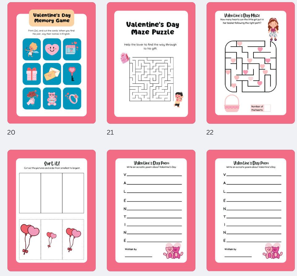 Valentine Activity Pages, Valentine’s Day Activity Pages, Children’s Activity Pages, Valentine Party Activity, Valentines Printable