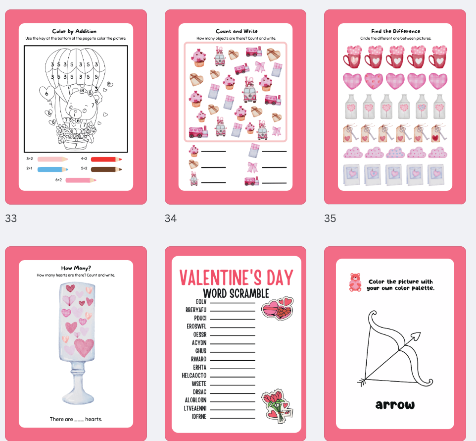 Valentine Activity Pages, Valentine’s Day Activity Pages, Children’s Activity Pages, Valentine Party Activity, Valentines Printable