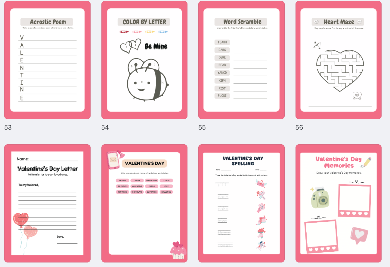 Valentine Activity Pages, Valentine’s Day Activity Pages, Children’s Activity Pages, Valentine Party Activity, Valentines Printable